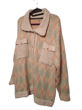 Polygram Oversized Cozy Pastel Argyle Fuzzy Cardigan Sweater Ladies Medium Boho